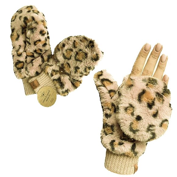 Britt's Knits Leopard Print Convertible Mittens Plush Vegan Fur Gloves - OS - Picture 1 of 7